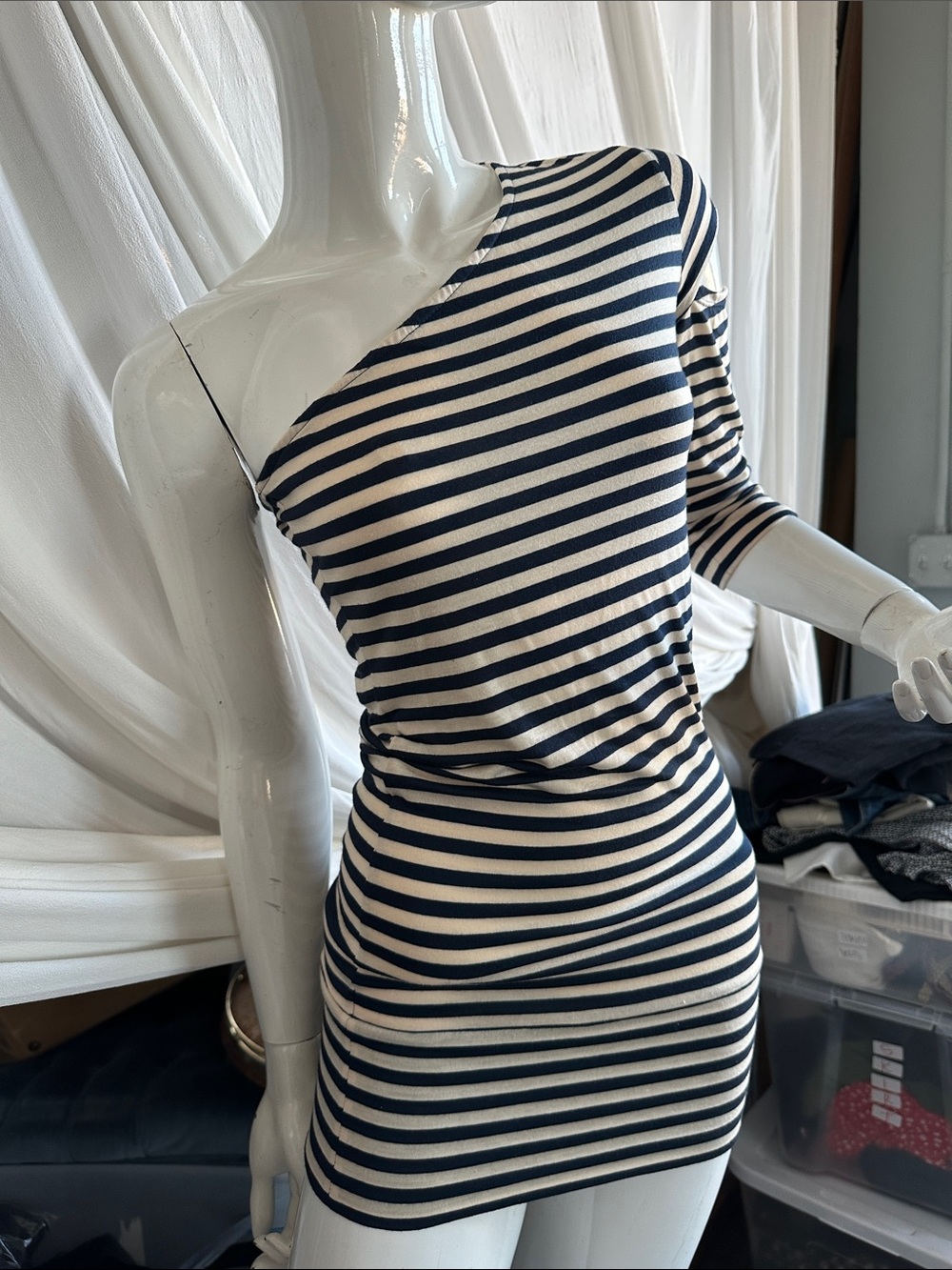 Cream Navy Stripe One sleeve 3/4 open shoulder Top Elevated casual summer